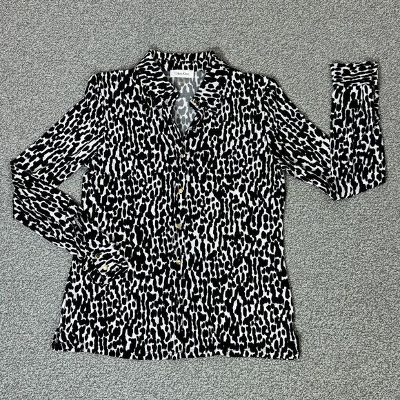 Calvin Klein Animal Print Button Front Shirt Blouse Black White XS - Picture 13 of 13